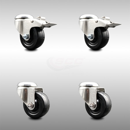 SERVICE CASTER 3.5 Inch 316SS Hard Rubber Wheel Swivel Bolt Hole Caster Set with 2 Lock Brake SCC-SS316BHTTL20S3514-HRS-2-S-2